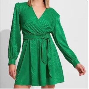 NEW - Express Emerald Green V-Neck Wrap Puff Sleeve Dress with Tie Waist
